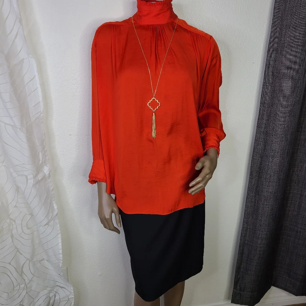 Zara Blouse Size Large Red Mock Neck Ruffle Detail Festive Holiday Party EUC - Picture 11 of 11